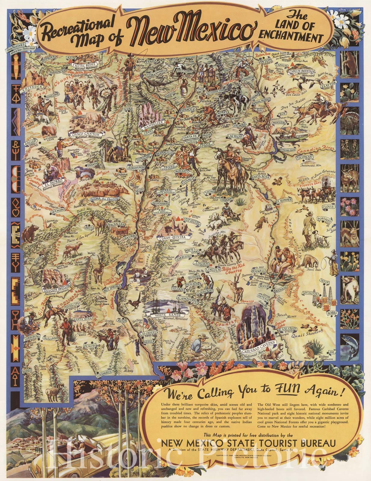 Historic Map - Recreational Map of New Mexico The Land of Enchantment, 1947, Wilfred Stedman - Vintage Wall Art