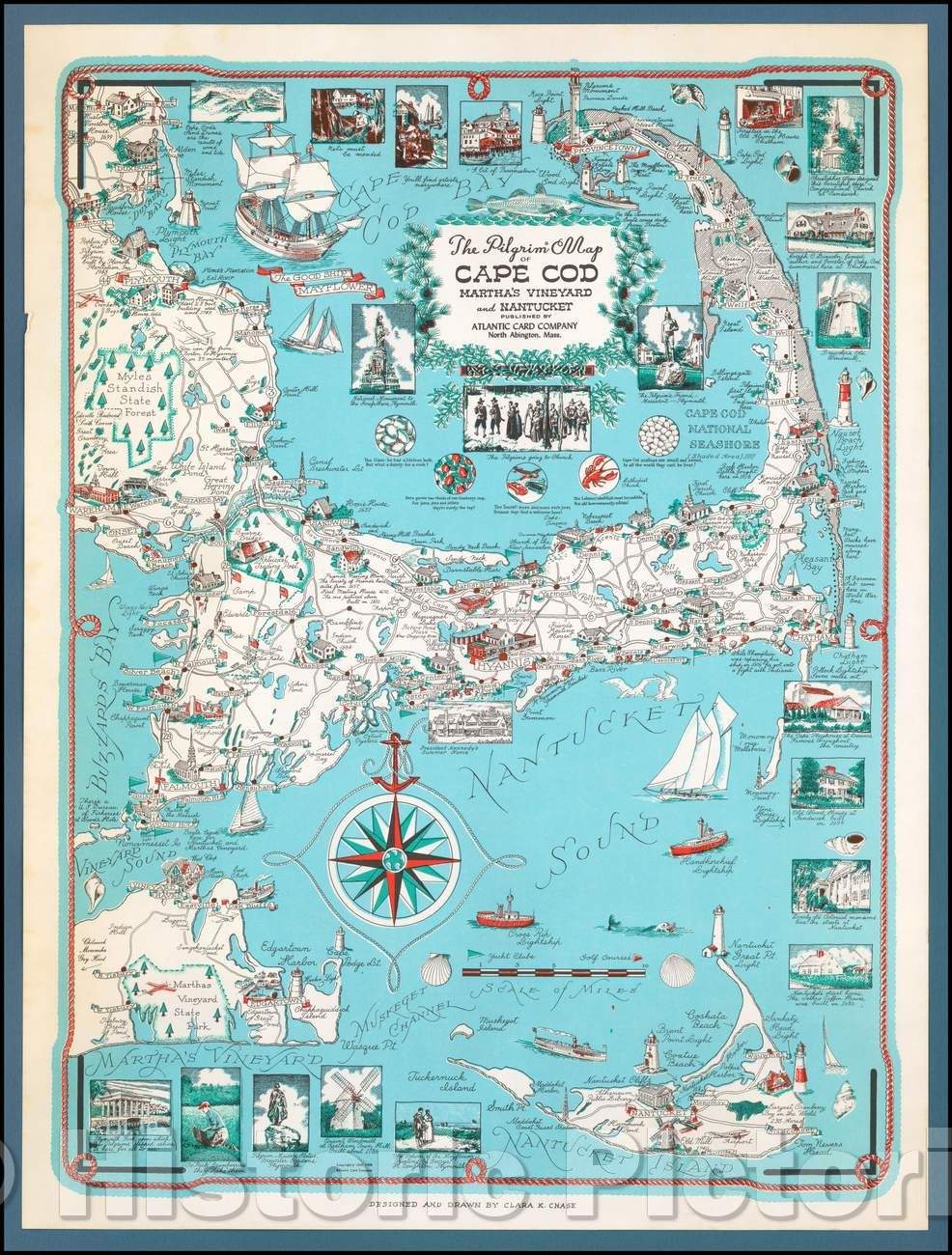 Historic Map - The Pilgrim Map Cape Cod Martha's Vineyard and Nantucket, 1960, Clara Katrina Chase v2