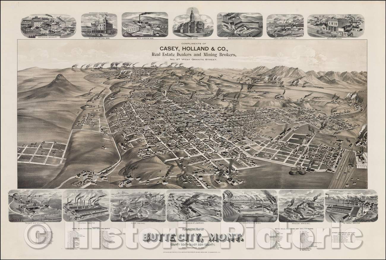 Historic Map - Perspective Map of Butte City, Mont. County Seat of Silver Bow County, 1890, American Publishing Co. - Vintage Wall Art