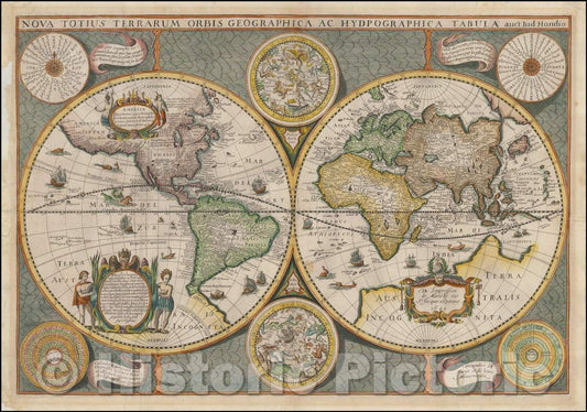 Historic Map - Nova Totius Terrarum Orbis Geographica Ac Hydrographica Tabula Auct. Henr: Hondio, 1642, Jodocus Hondius - Vintage Wall Art