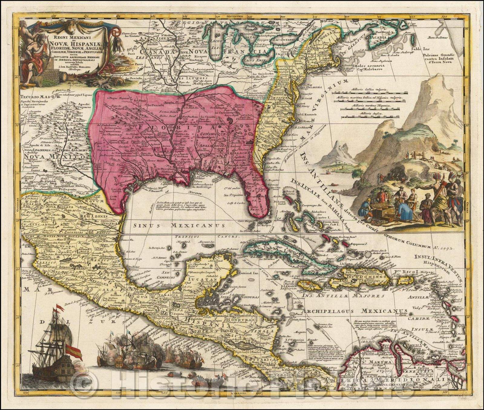 Historic Map - Regni Mexicani seu Novae Hispaniae, Floridae, Novae Angliae, Carolinae, Virginiae, 1720, Johann Baptist Homann v6
