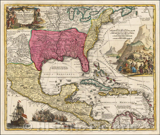 Historic Map - Regni Mexicani seu Novae Hispaniae, Floridae, Novae Angliae, Carolinae, Virginiae, 1720, Johann Baptist Homann v6