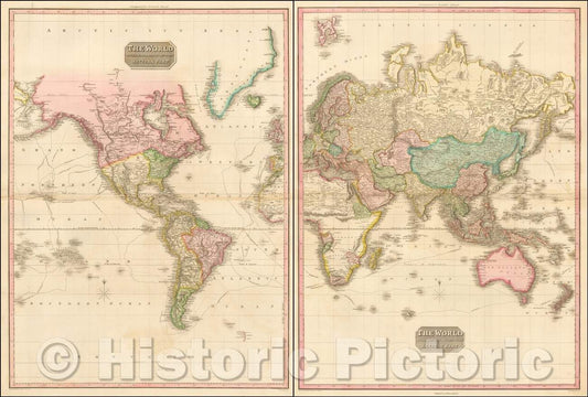Historic Map - The World on Mercator's Projection Eastern Part [and] The World on Mercator's Projection Western Part, 1812, John Pinkerton v2