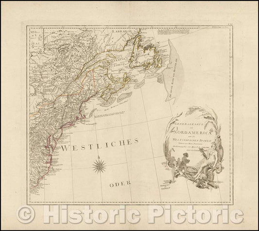 Historic Map - Generalkarte von Nord America samt den Westindischen Inseln Versasst :: Northeastern sheet of F.A. Schraebl's 4 sheet wall of North America, 1788 - Vintage Wall Art