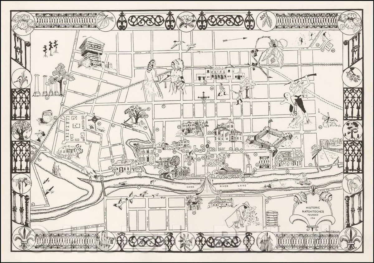 Historic Map - Historic Natchitoches Founded 1714, 1941, - Vintage Wall Art