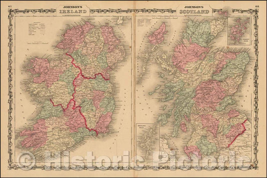 Historic Map - Johnson's Ireland [with] Johnson's Scotland, 1861, Alvin Jewett Johnson - Vintage Wall Art