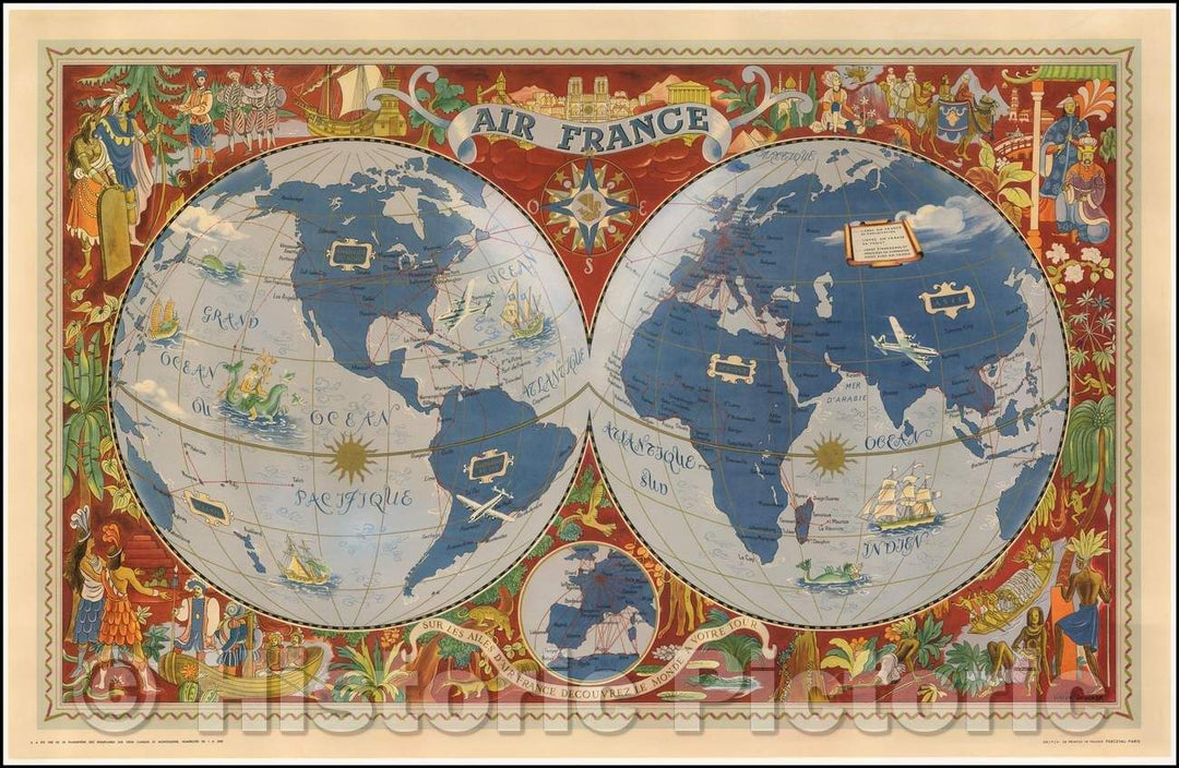 Historic Map - World Air France - Sur Les Ailes D'Air France Decouvrez Le Monde A Votre Tour, 1959, Lucien Boucher - Vintage Wall Art