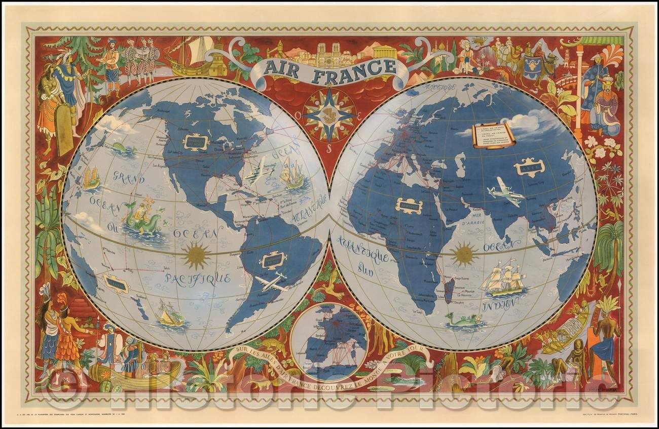 Historic Map - World Air France - Sur Les Ailes D'Air France Decouvrez Le Monde A Votre Tour, 1959, Lucien Boucher - Vintage Wall Art