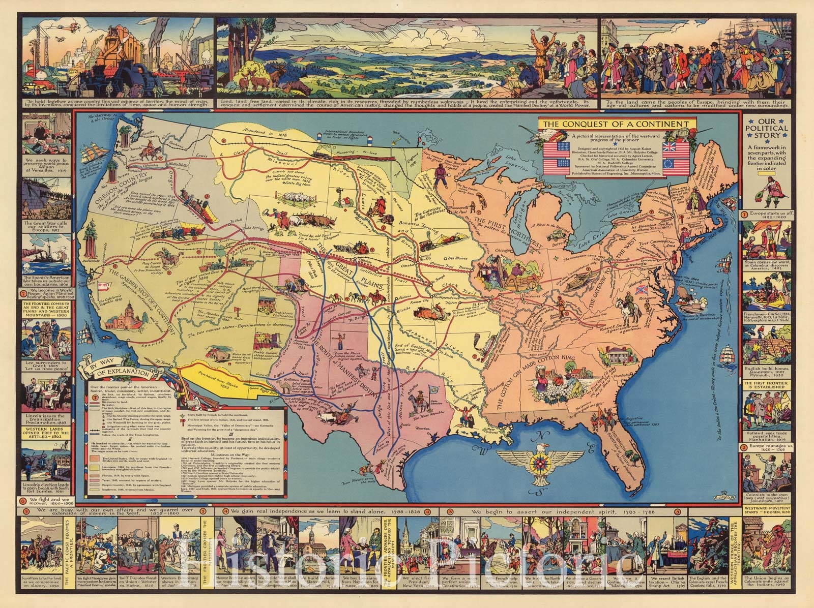 Historic Map - The Conquest of A Continent A pictorial representation of the westerward progress of the pioneer. United States, 1933, August Kaiser - Vintage Wall Art