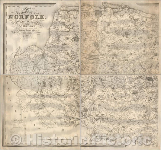 Historic Map - Map of the County of Norfolk, 1826, Andrew Bryant - Vintage Wall Art