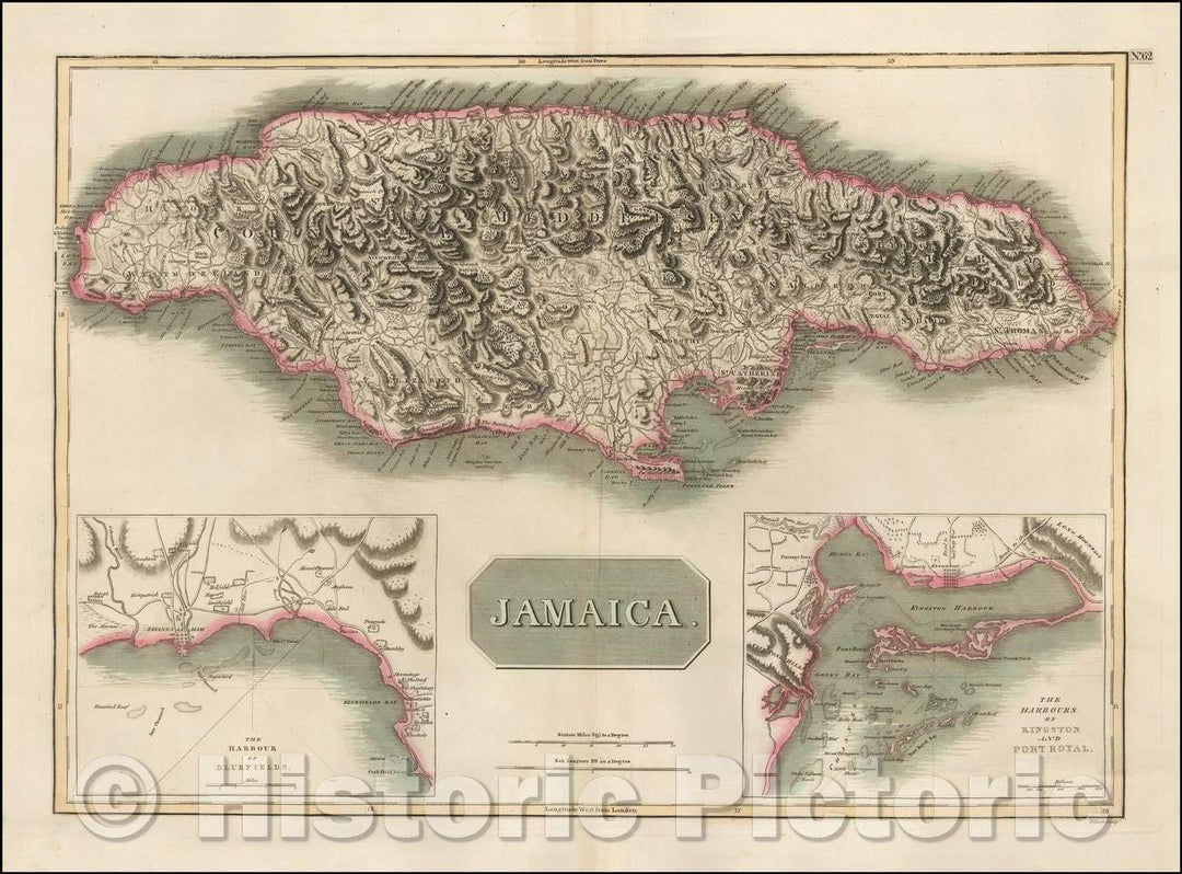 Historic Map - Jamaica (with insets of Kingston and Port Royal Harbors and Bluefields), 1815, John Thomson - Vintage Wall Art