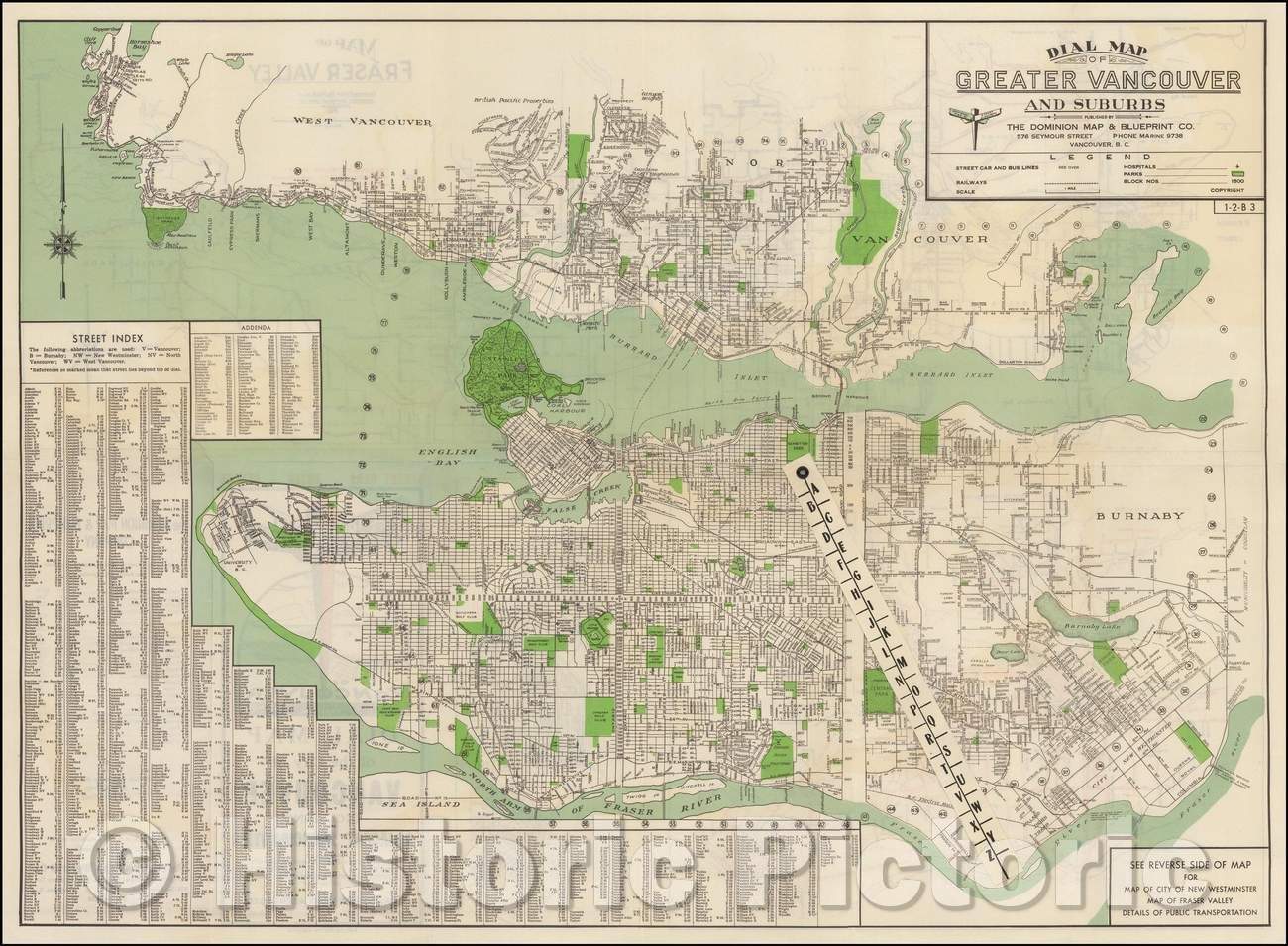 Historic Map - Dial Map of Greater Vancouver and Suburbs, 1945, Dominion Map and Blue Print Company - Vintage Wall Art