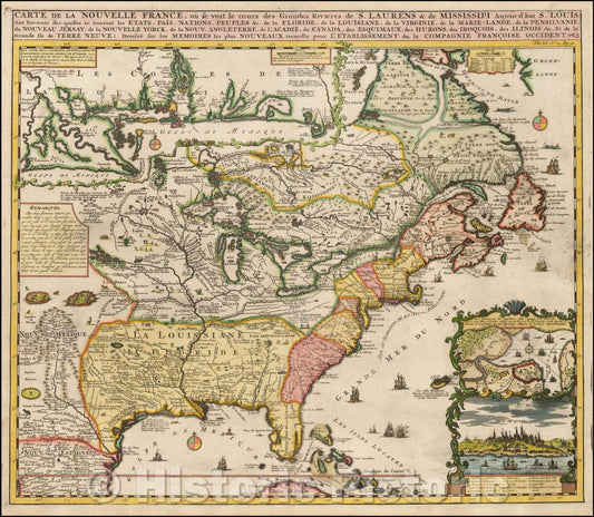 Historic Map - Carte De La Nouvelle France, ou se voit le cours des Grandes Rivieres de. S. Laurens & de Mississipi, 1719, Henri Chatelain v6