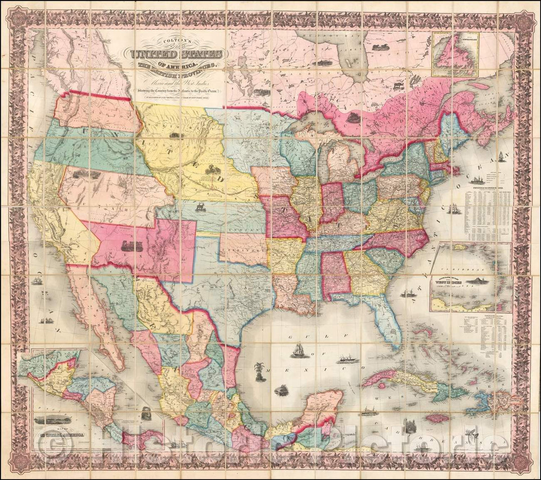 Historic Map - United States of America, The British Provinces, Mexico and The West Indies Showing The Countries From the Atlantic to the Pacific, 1854 - Vintage Wall Art
