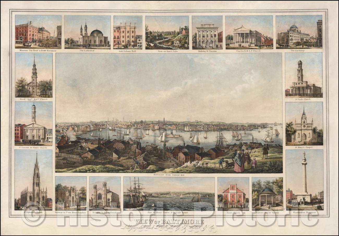 Historic Map - View of Baltimore Lithographed and, 1849, Edward Weber - Vintage Wall Art