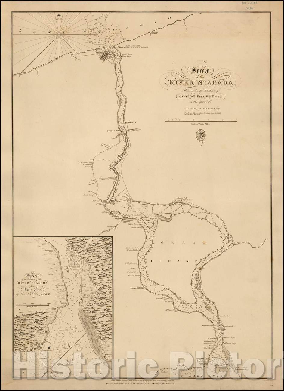 Historic Map - Survey of the River Niagara. Made, 1828, British Admiralty - Vintage Wall Art