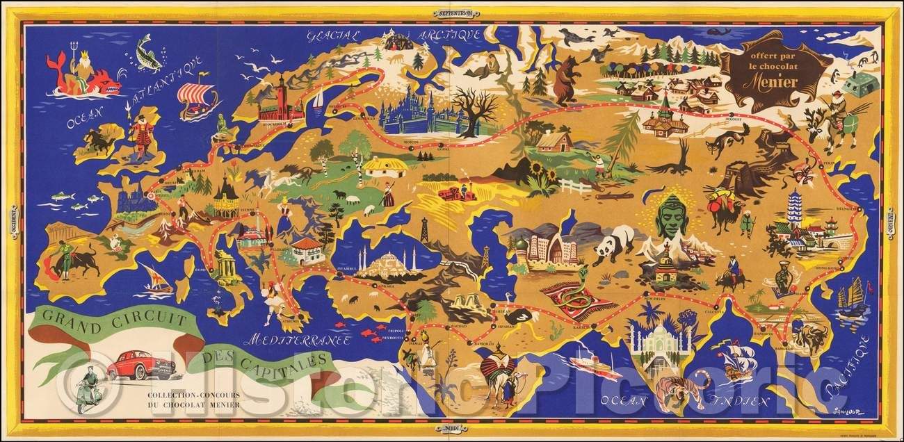 Historic Map - Grand Circuit Des Capitales. Collection Concours Du Chocolat Menier/The Capitals Grand Circuit. Contest Collection Du Chocolat Menier, 1956 - Vintage Wall Art