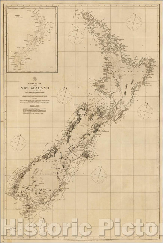 Historic Map - New Zealand from Surveys in H.M. Ships Acheron & Pandora, 1862, British Admiralty - Vintage Wall Art