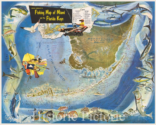 Historic Map - Russ Smiley's Fishing Map of Miami and the Florida Keys, 1956, Russ Smiley - Vintage Wall Art