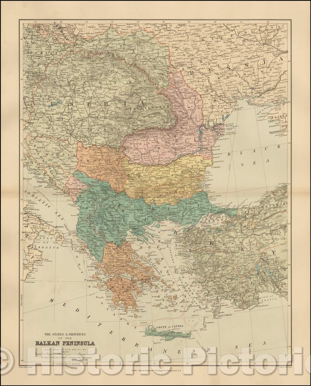 Historic Map - The States & Provinces of the Balkan Peninsula, 1896, Edward Stanford - Vintage Wall Art