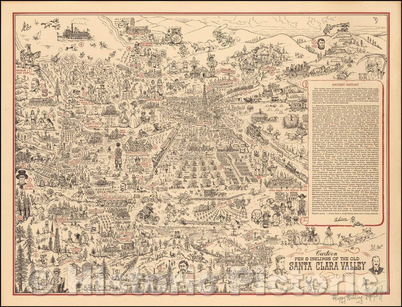 Historic Map - Cartoon Pen & Inklings of Old Santa Clara Valley, 1962, F. Ralph Rambo - Vintage Wall Art