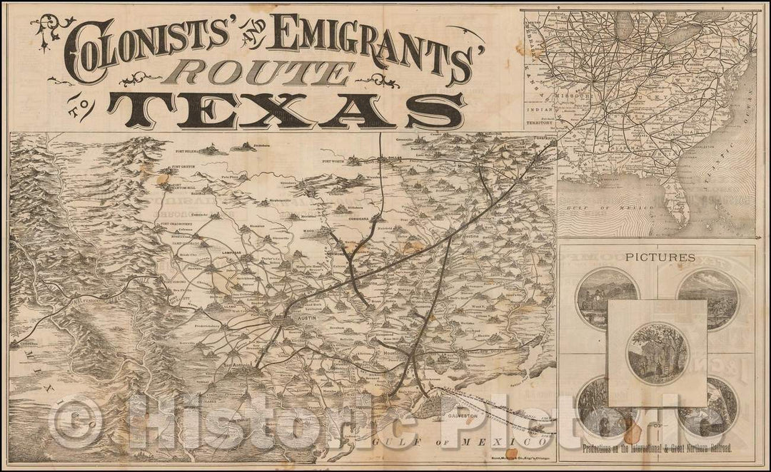 Historic Map - Colonists and Emigrants Route To Texas, 1878, Woodward, Tiernan & Hale - Vintage Wall Art