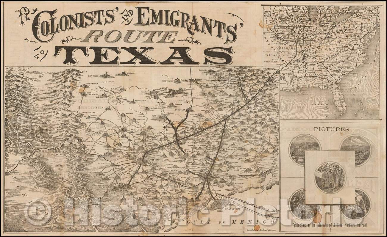Historic Map - Colonists and Emigrants Route To Texas, 1878, Woodward, Tiernan & Hale - Vintage Wall Art