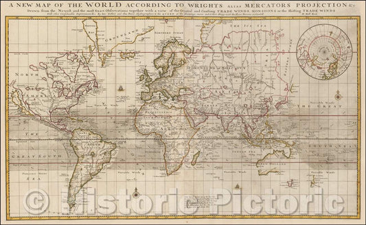 Historic Map - The World According To Wright's Alias Mercator's Projection &c, 1700, Charles Price - Vintage Wall Art