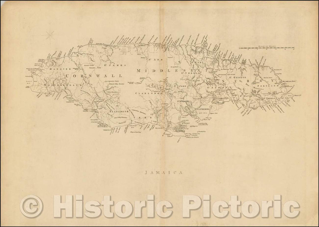 Historic Map - Jamaica, 1768, Thomas Jefferys - Vintage Wall Art