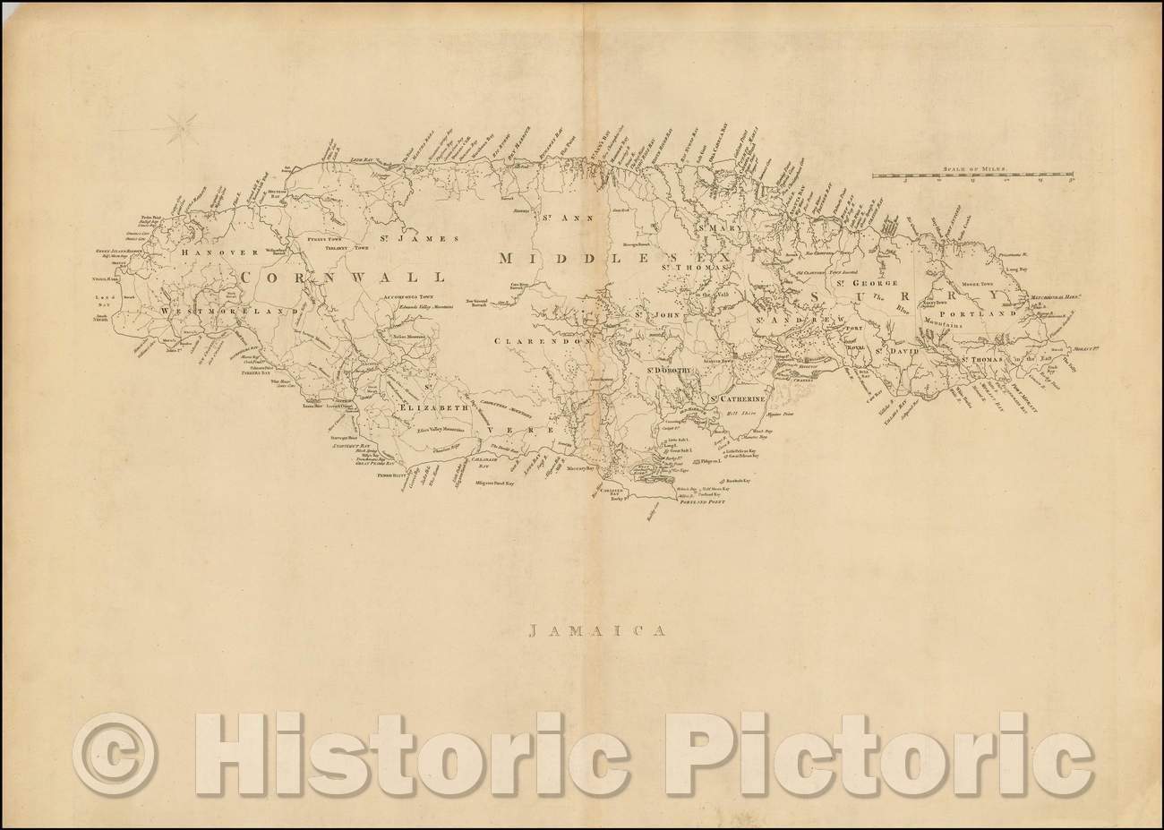 Historic Map - Jamaica, 1768, Thomas Jefferys - Vintage Wall Art