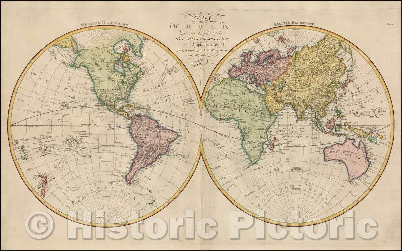 Historic Map - World, 1788, John Harrison - Vintage Wall Art