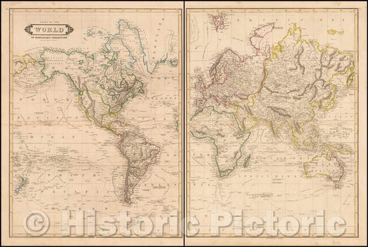 Historic Map - Chart of the World on Mercator's Projection, 1838, William Home Lizars - Vintage Wall Art