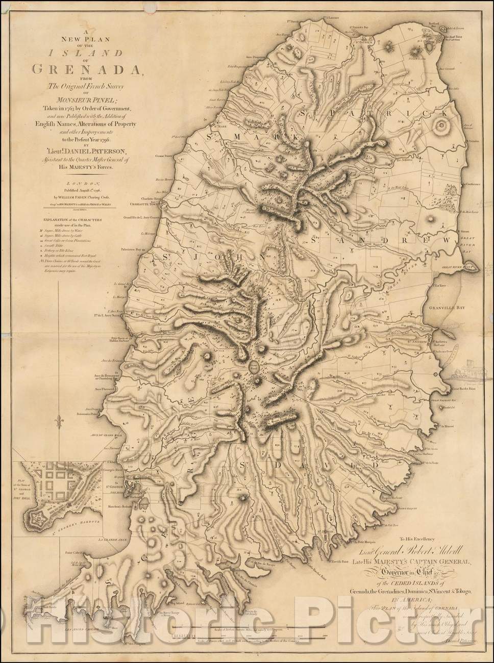 Historic Map - A New Plan of the Island of Grenada, From The Original French Survey of Monsieur Pinel; Taken in 1763, 1796, Daniel Paterson - Vintage Wall Art