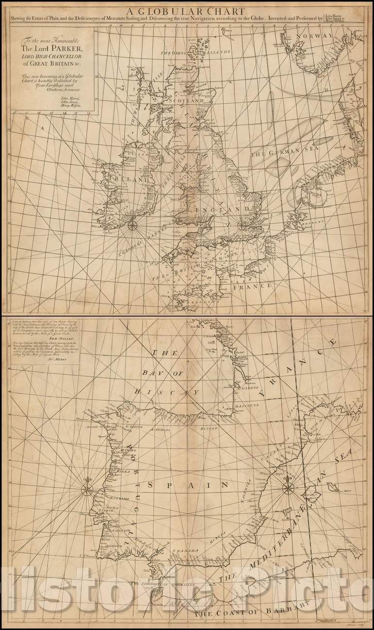 Historic Map - A Globular Chart Shewing the Errors of Plain, and the Deficiencyes of Mercators Sailing; and Discovering the true Navigation, 1728 - Vintage Wall Art