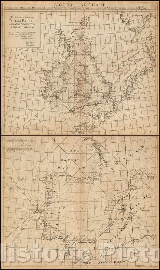 Historic Map - A Globular Chart Shewing the Errors of Plain, and the Deficiencyes of Mercators Sailing; and Discovering the true Navigation, 1728 - Vintage Wall Art