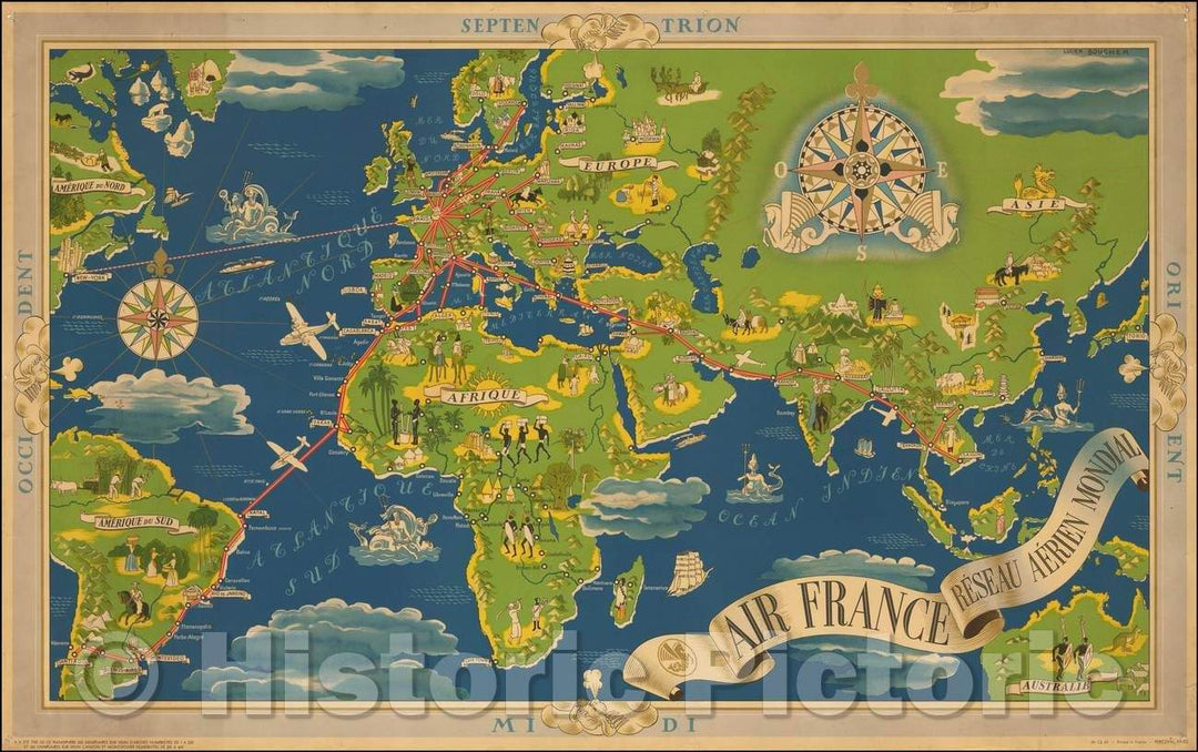 Historic Map - World Air France Reseau Aerien Mondial, 1945, Lucien Boucher v2