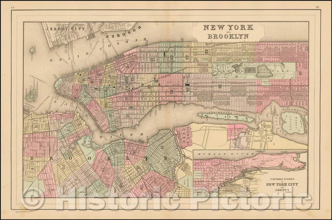 Historic Map - New York and Brooklyn, 1888, Samuel Augustus Mitchell Jr. - Vintage Wall Art