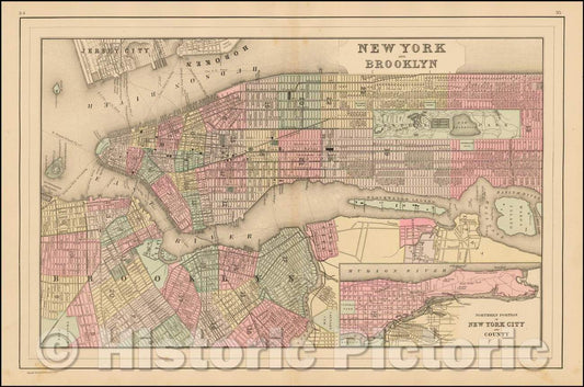 Historic Map - New York and Brooklyn, 1888, Samuel Augustus Mitchell Jr. - Vintage Wall Art