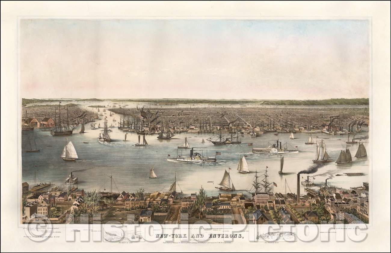Historic Map - New-York and Environs, from Williamsburgh, 1848, E. W. Foreman - Vintage Wall Art