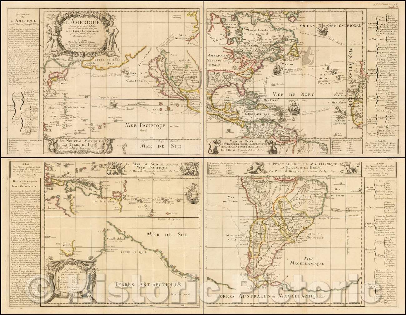 Historic Map - L'Amerique Suivant les dernieres Relations, avec les Routes que l'on tient pour Les Indes Occidentales, 1679, Pierre Du Val - Vintage Wall Art