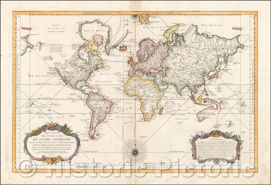 Historic Map - Carte Reduite Des Parties Connues Du Globe Terrestre Dressee au Depost des Cartes Plans et Journaux de la Marine, 1755, Jacques Nicolas Bellin v2