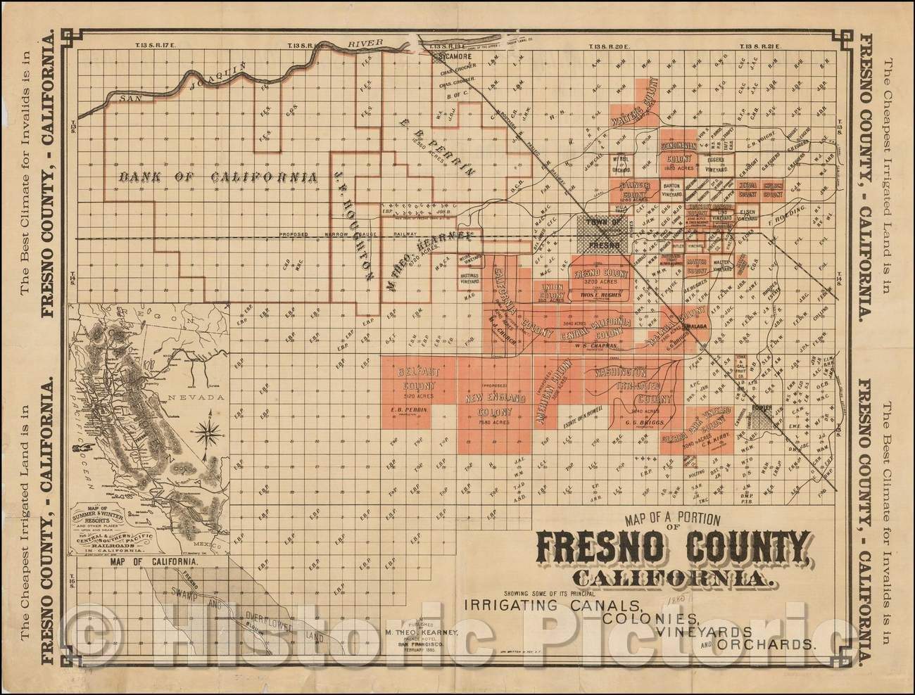 Historic Map - Map of a Portion of Fresno County California. Showing Some of its Principal Irrigating Canals, Colonies, Vineyards, and Orchards, 1885 - Vintage Wall Art