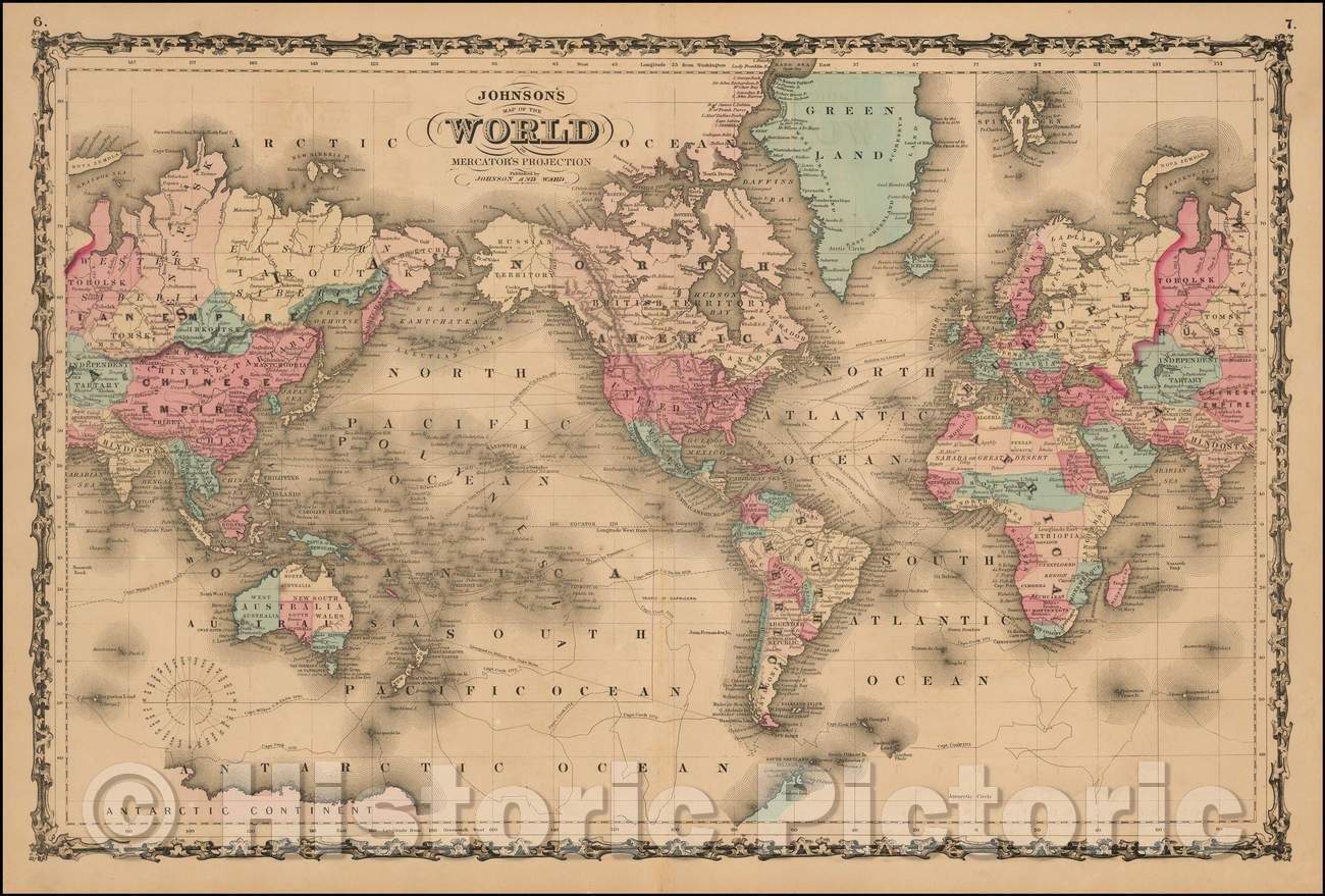 Historic Map - Johnson's Map of the World on Mercator's Projection, 1861, Alvin Jewett Johnson v2