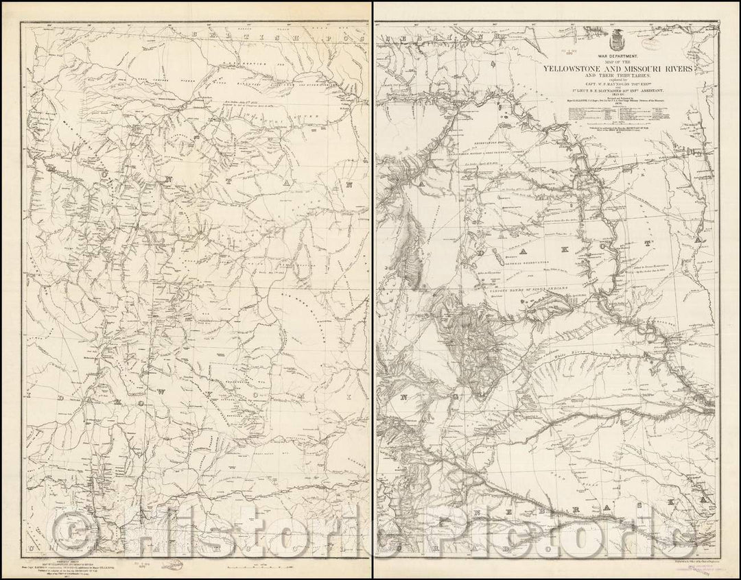 Historic Map - U.S. War Department. - Map of the Yellowstone And Missouri Rivers And Their Tributaries Explored, 1877, W.F. Raynolds - Vintage Wall Art