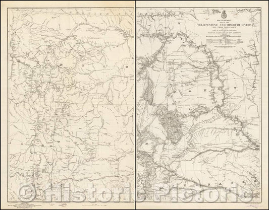 Historic Map - U.S. War Department. - Map of the Yellowstone And Missouri Rivers And Their Tributaries Explored, 1877, W.F. Raynolds - Vintage Wall Art