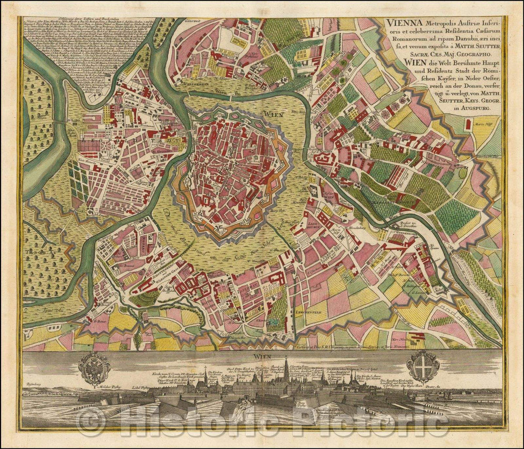 Historic Map - Vienna Metropolis Austriae Inferioris et Celeberrima Residentia Caesarum Romanorum/Plan and city View of Vienna, Wien and Danube Rivers, 1730 - Vintage Wall Art