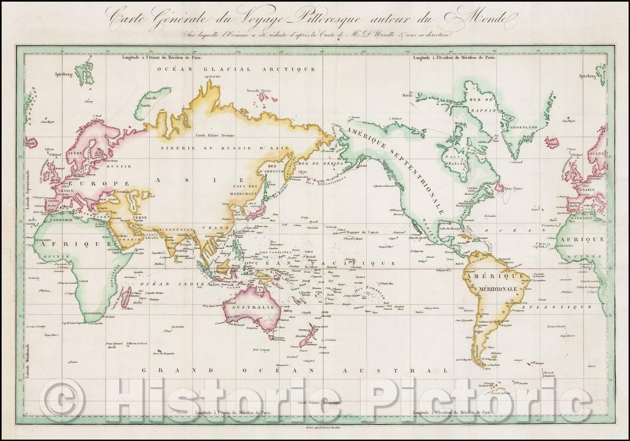 Historic Map - Carte Generale du Voyage Pittoresque autour du Monde ./Carte Generale Picturesque Voyage around the World, 1834 - Vintage Wall Art