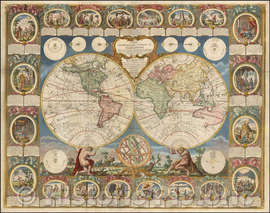 Historic Map - Carte Generale de la Terre ou Mappe Monde avec les Quatres Principaux Systemes, 1785, Jean Baptiste Louis Clouet - Vintage Wall Art