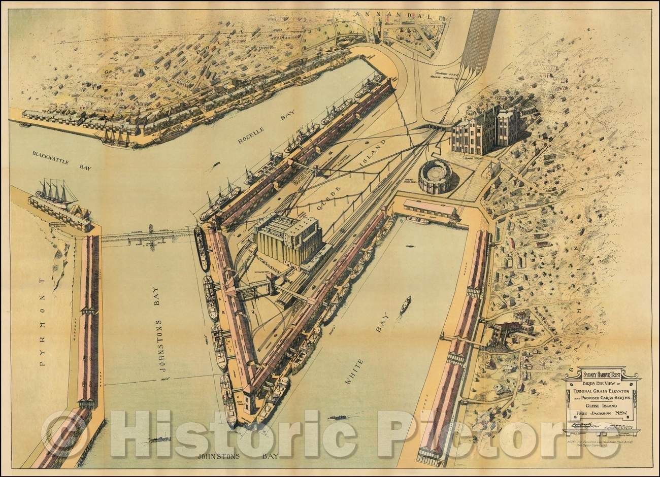 Historic Map - Birds Eye View of Terminal Grain Elevator and Proposed Cargo Berths. - Glebe Island, Port Jackson NSW, 1918, Sydney Harbour Trust - Vintage Wall Art