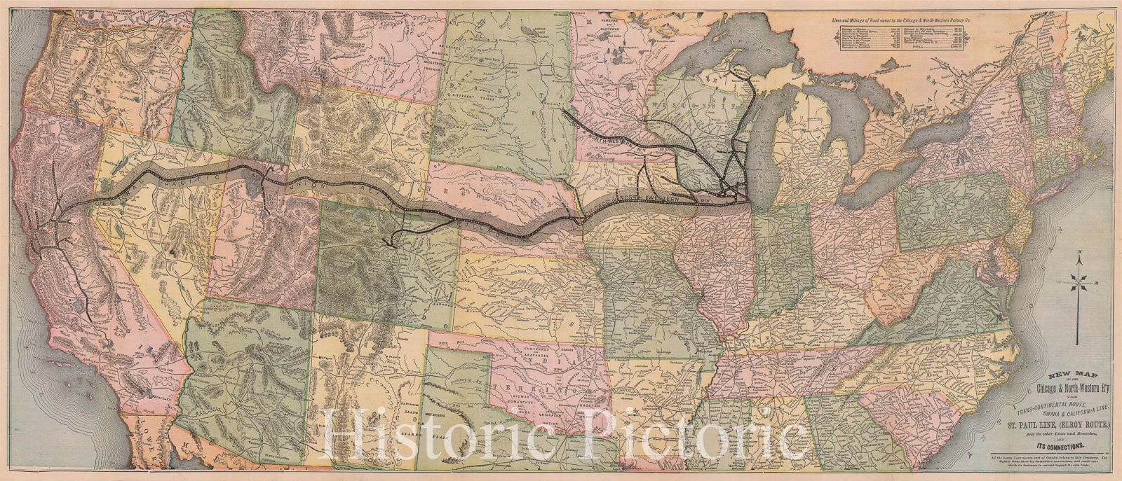 Historic Map - New Map of the Chicago & North-Western R'y The Trans-continental Route, Omaha & California Line, St. Paul Line, (Elroy Route,), 1875 - Vintage Wall Art